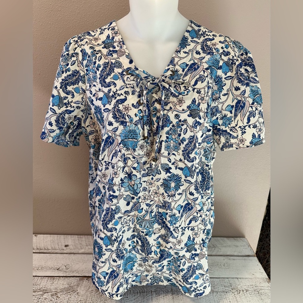 Knox Rose Top with Pretty Floral Design & Lace-Up Neckline - NWT